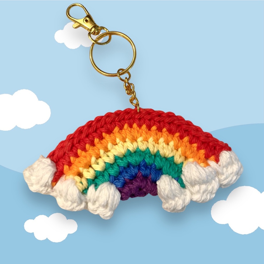 Hand Crafted Rainbow Keychain Bag Charm crocheted handmade with clouds vibrant
